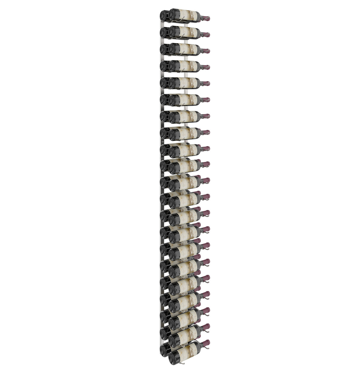Black vertical wall-mounted wine rack with rows of wine bottles