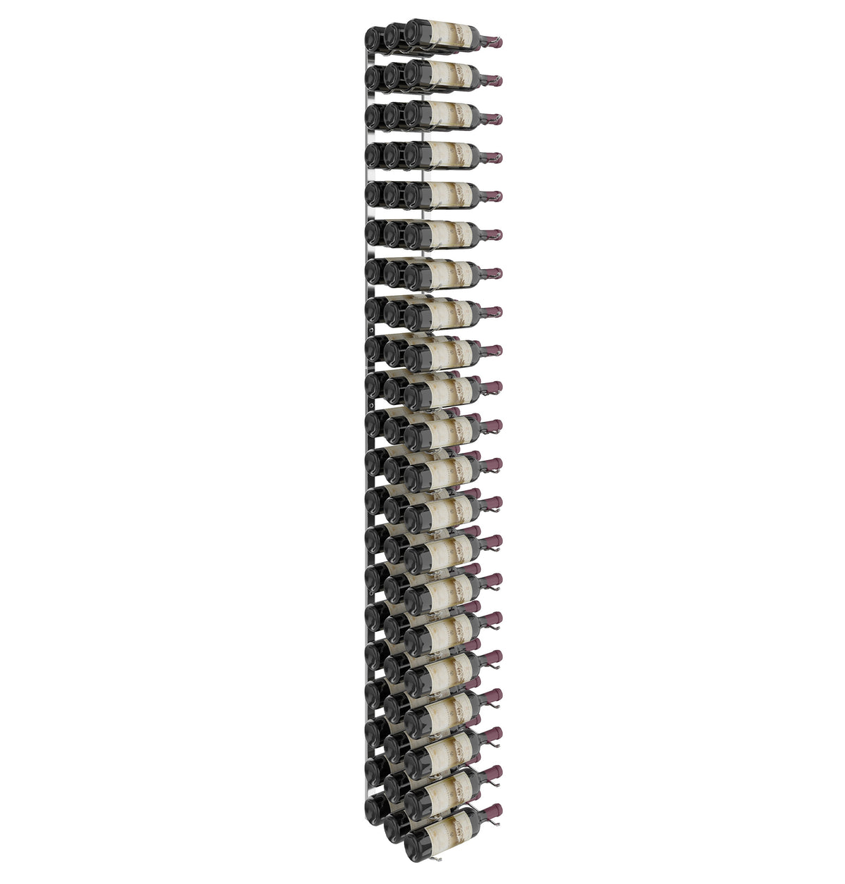 Black wall wine rack with wine bottles stored in long horizontal slots