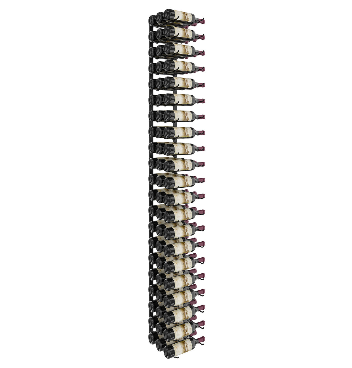 Wall-mounted black wine rack with many wine bottles arranged in grid rows