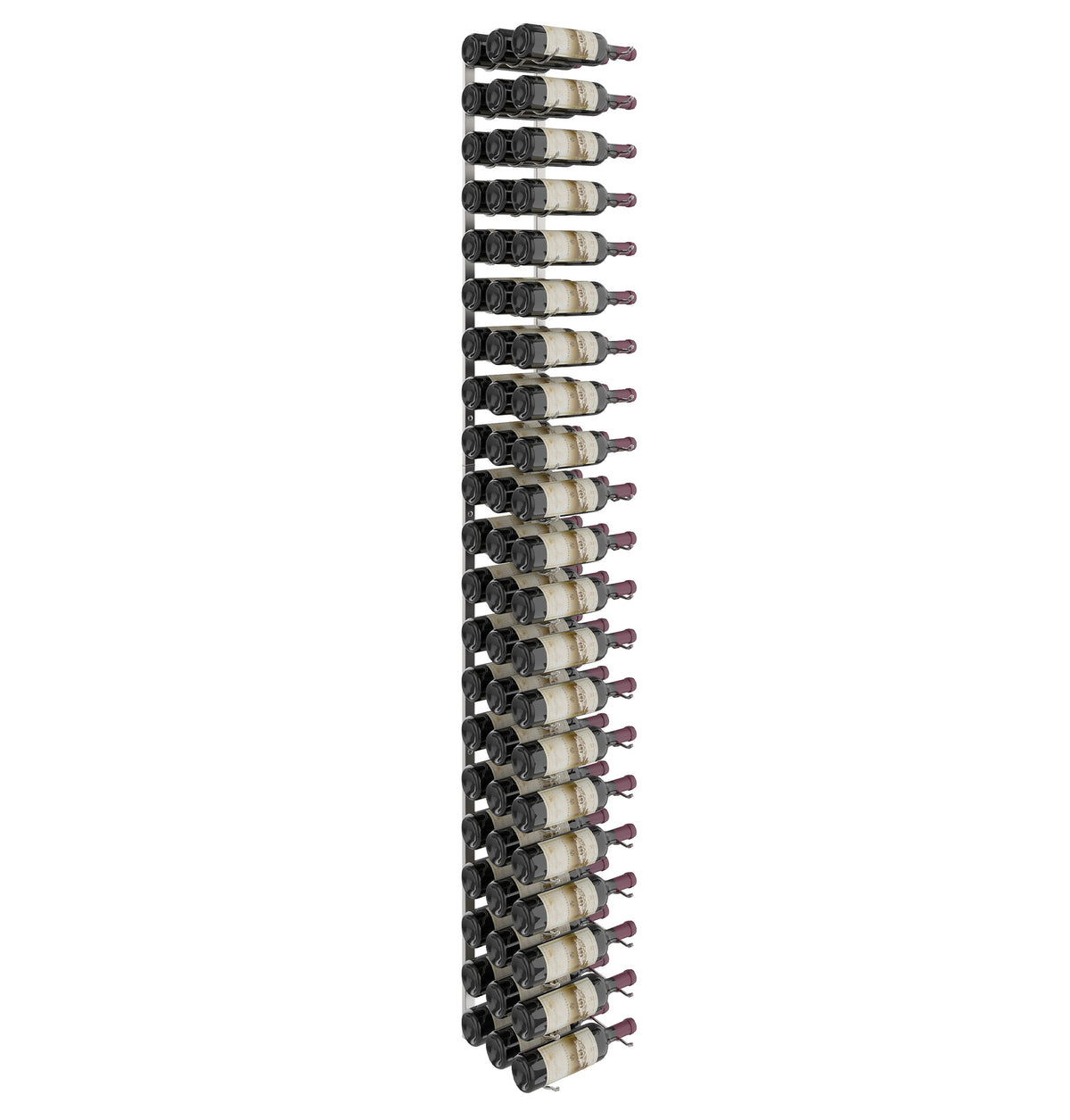 Black wall-mounted wine rack with wine bottles in repeated horizontal holders