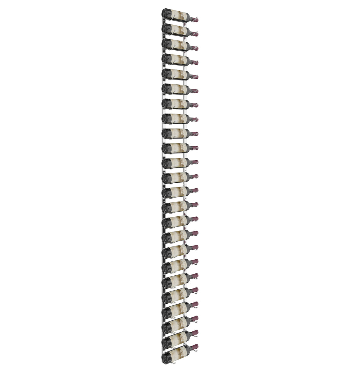 Wall-mounted wine rack with dark metal frame holding rows of wine bottles