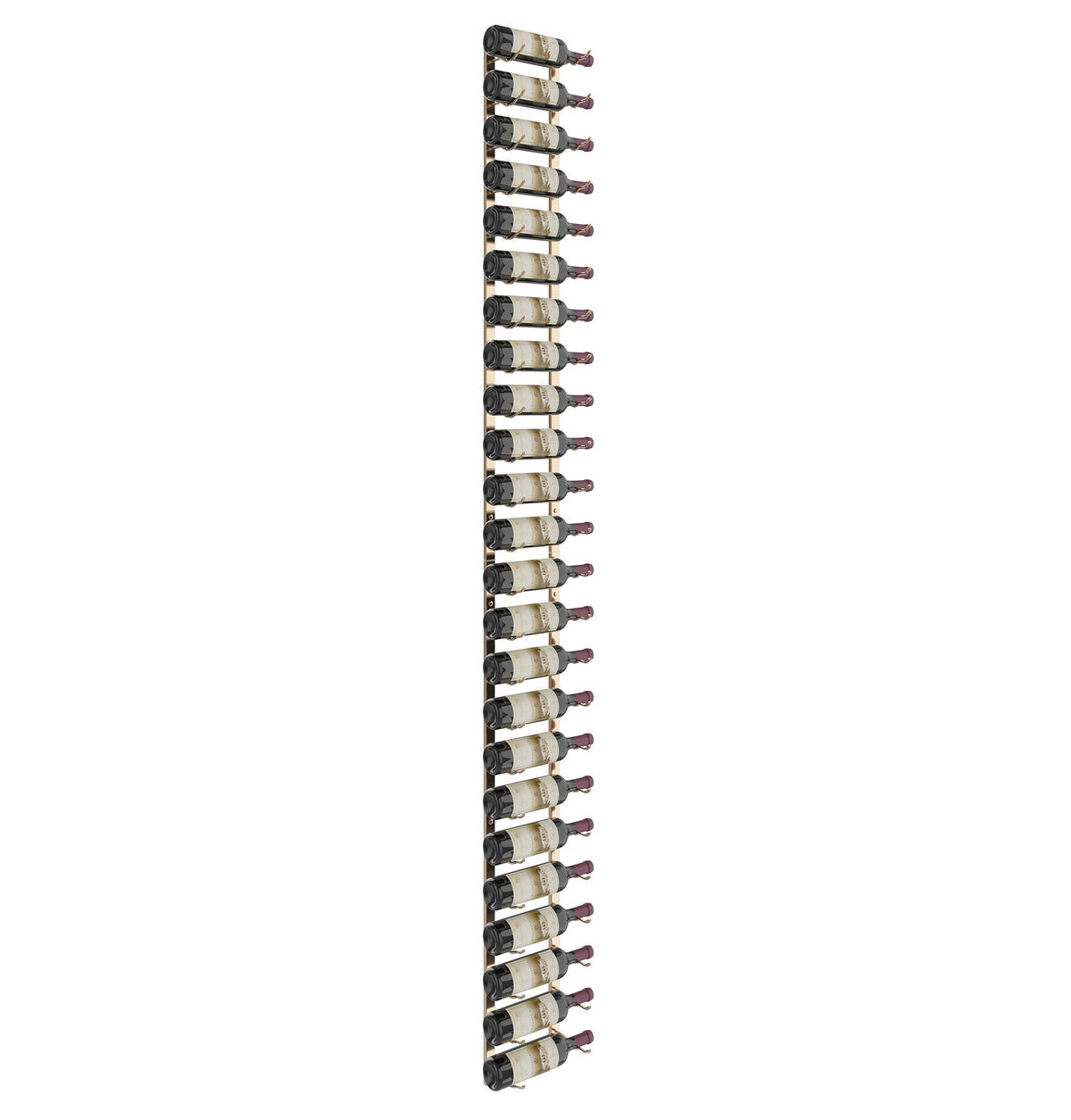 Long wall wine rack with dark frame and multiple horizontal bottle rows