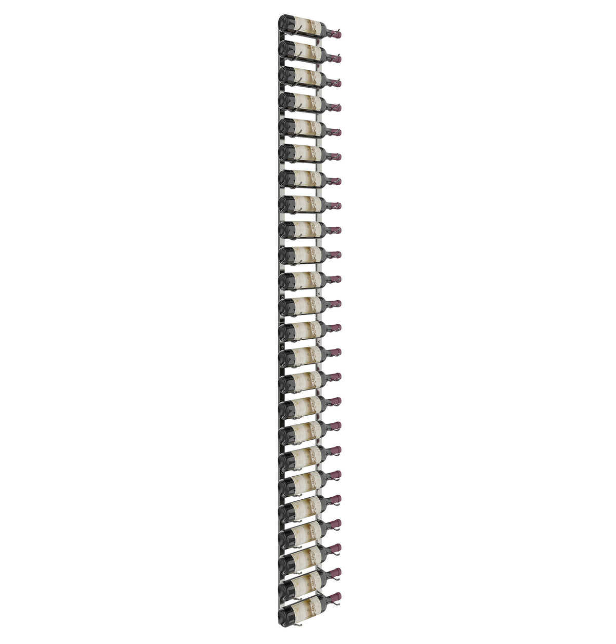 Wall wine rack displaying bottles in tightly spaced horizontal slots