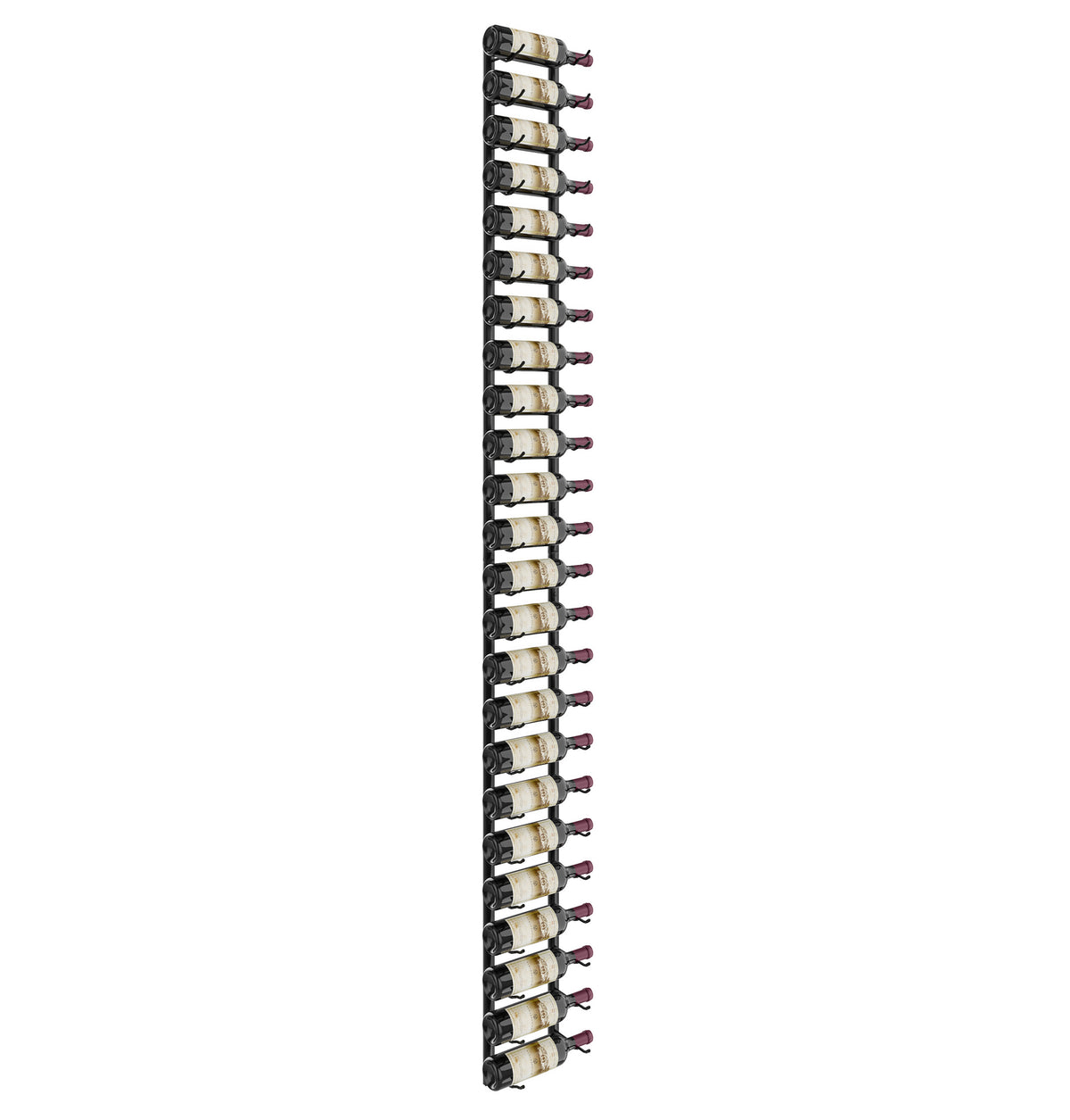 Tall wall wine rack with dark frame and many bottles mounted in rows