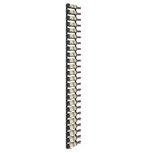 Tall wall wine rack with dark frame and many bottles mounted in rows