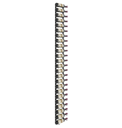 Tall wall wine rack with dark frame and many bottles mounted in rows