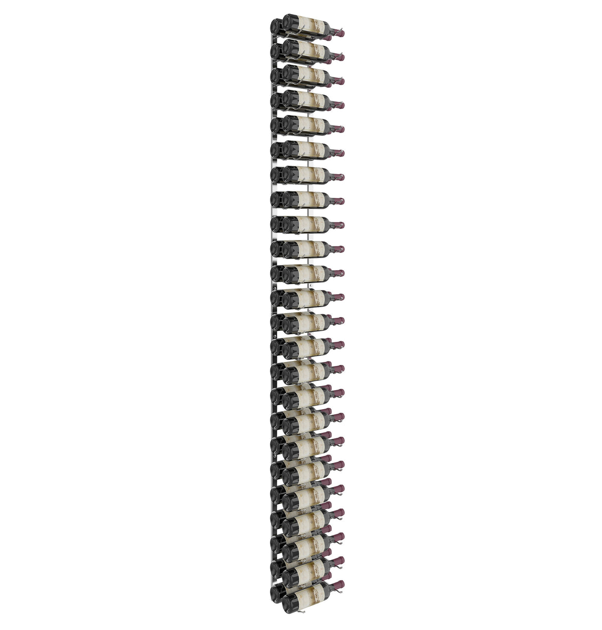Wall-mounted wine rack showing dark grid frame and stacked bottle necks