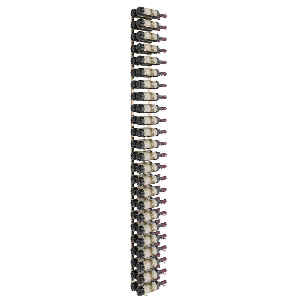 Vertical wall wine rack with dark metal frame and numerous bottles