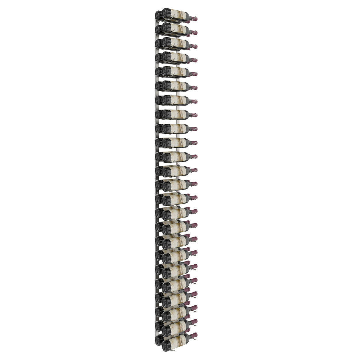 Long wall wine rack with dark frame holding multiple rows of bottles