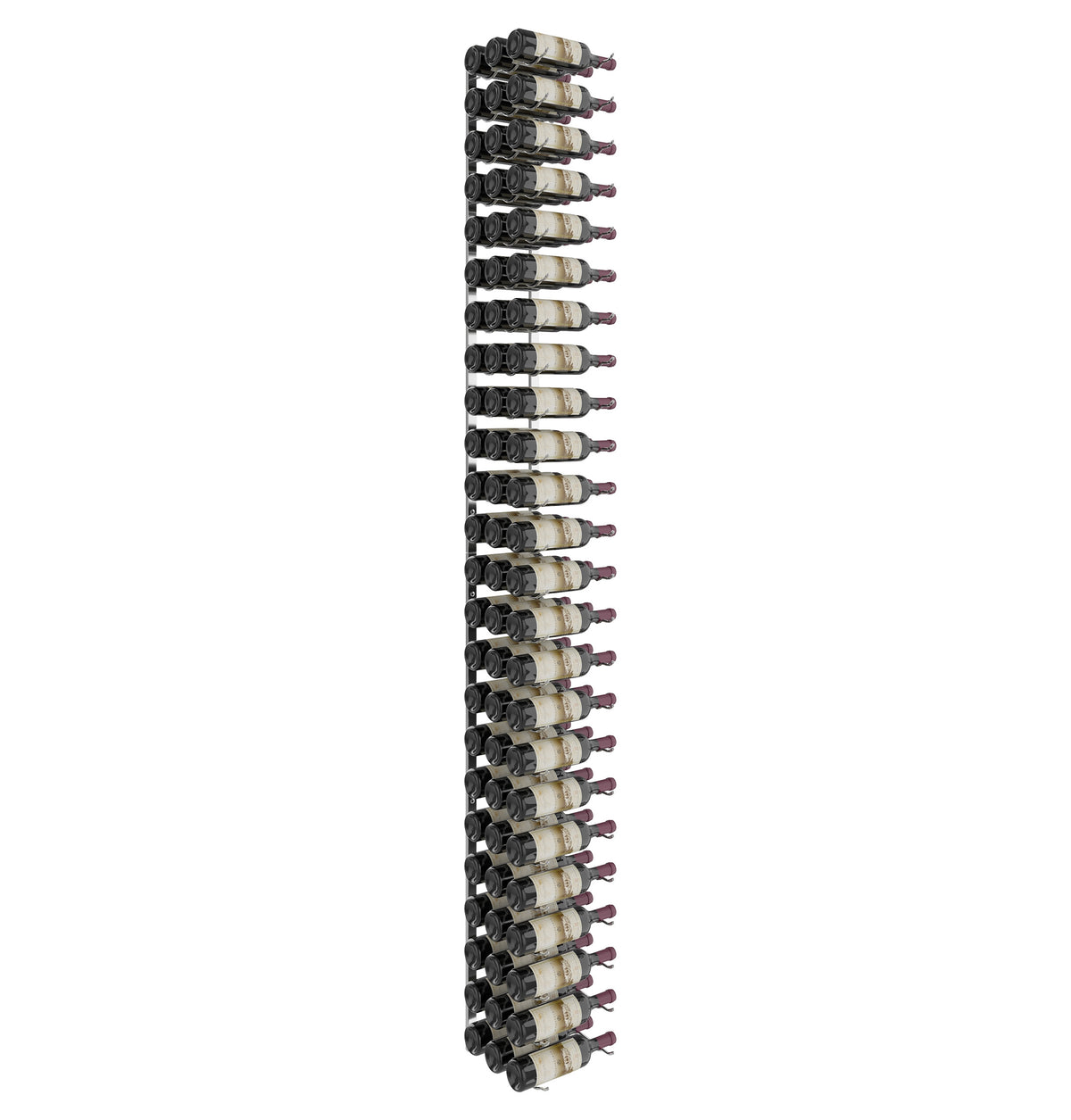 Wall wine rack with dark lattice backing and bottles secured in rows