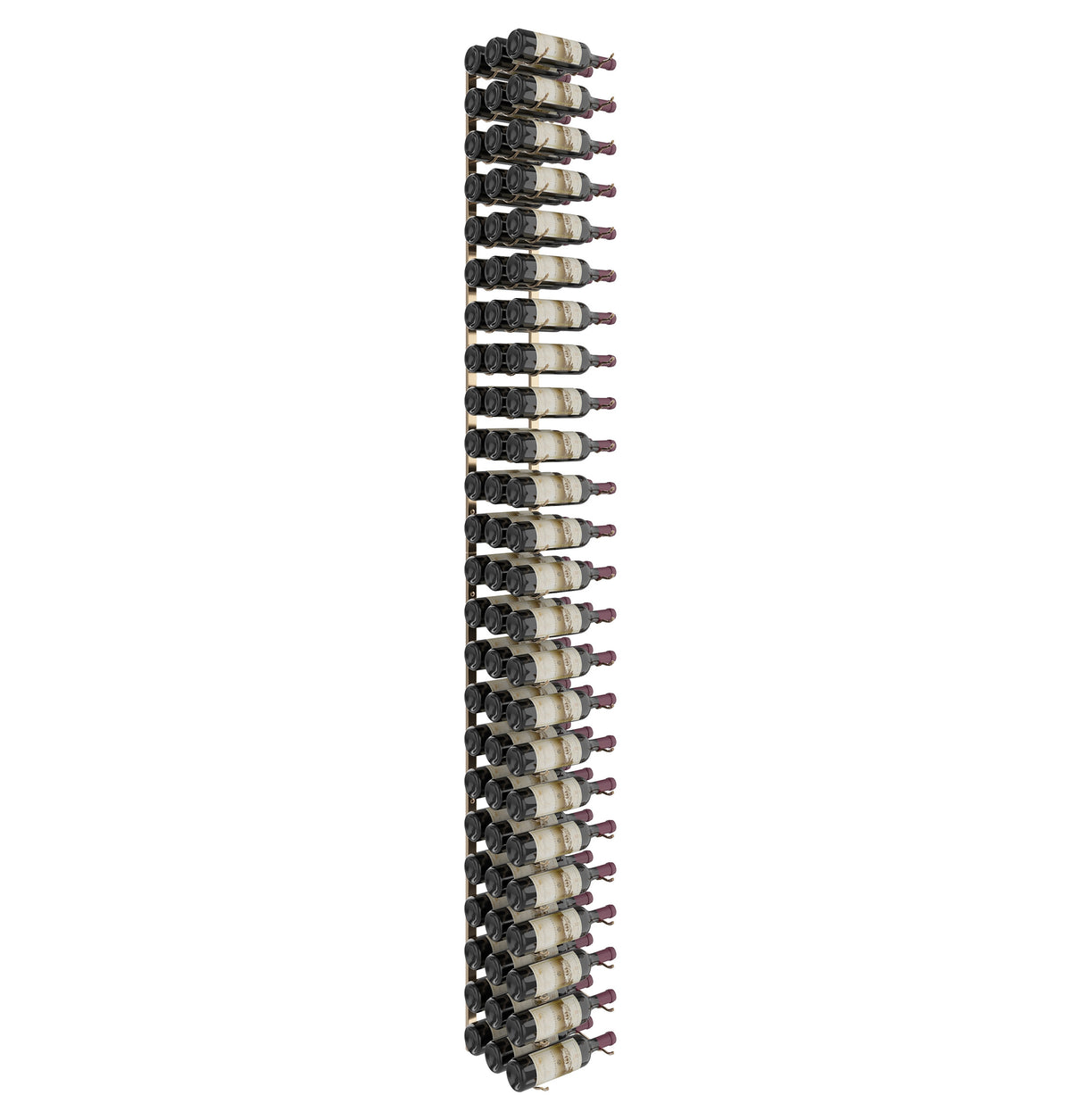 Wall wine rack with dark frame and tightly packed horizontal bottle holders