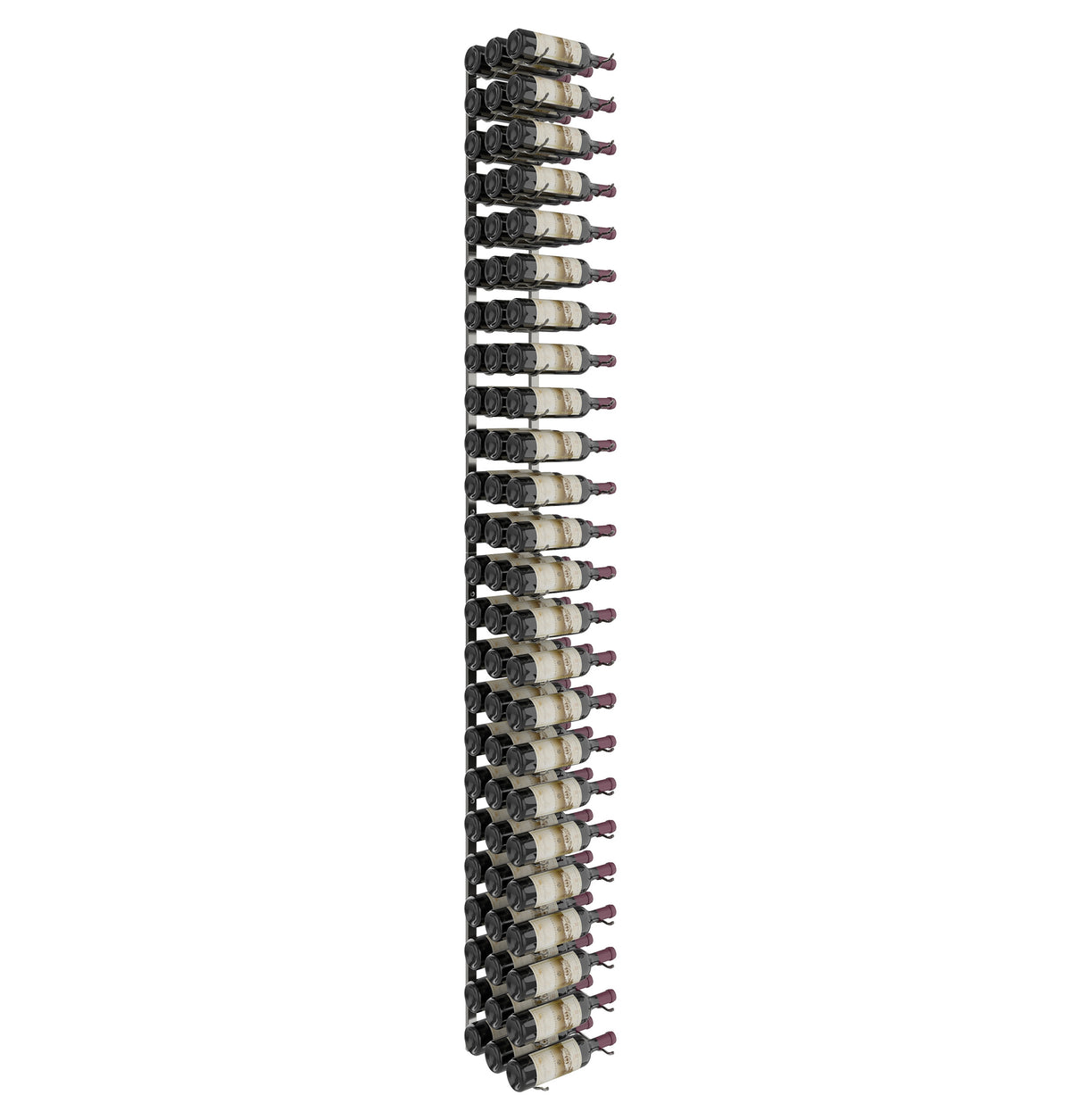 Wall-mounted wine rack with dark backing and evenly spaced bottle slots