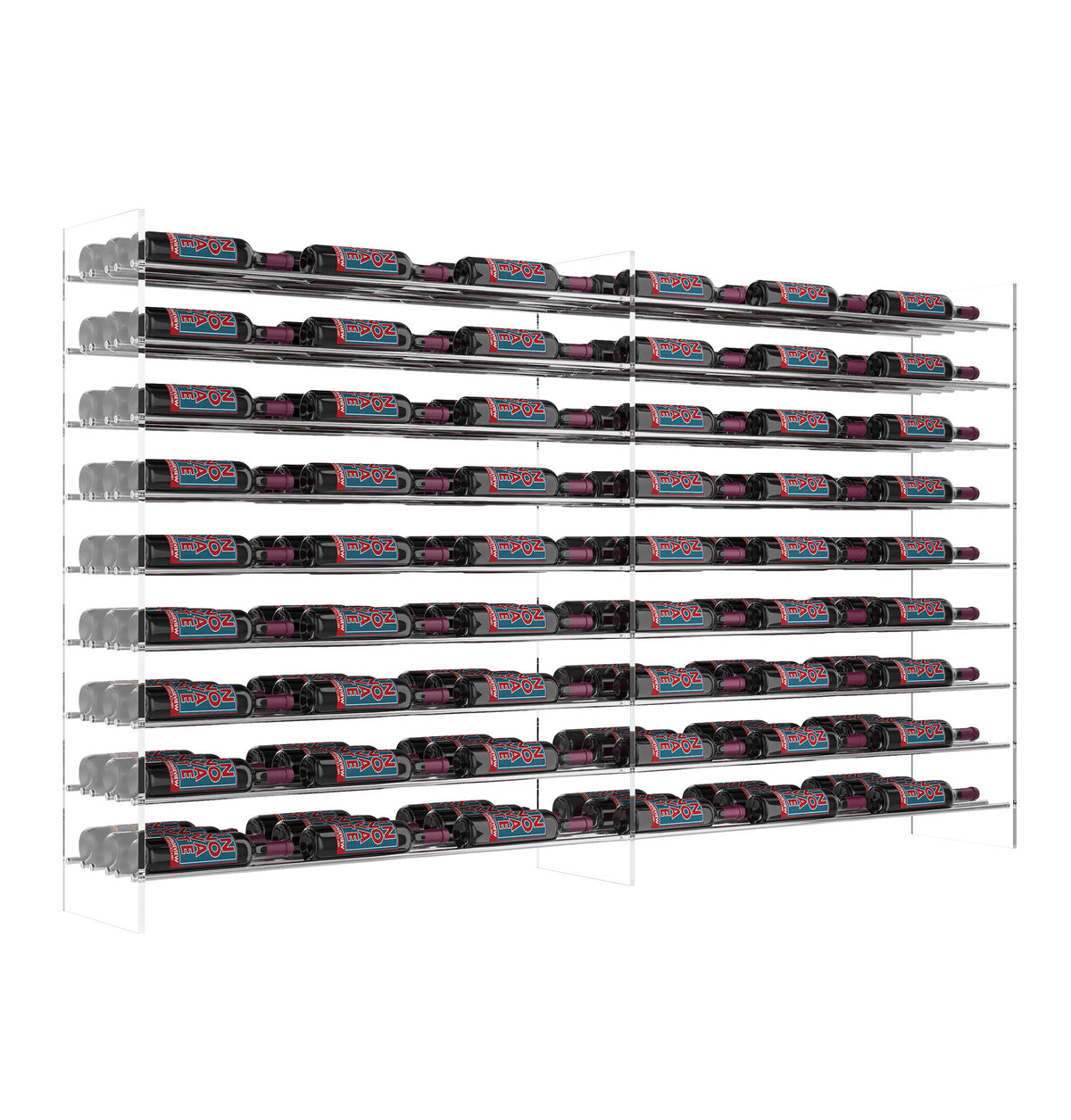 4 ft wine bottle tower rack with matte black frame and multiple rows of bottles
