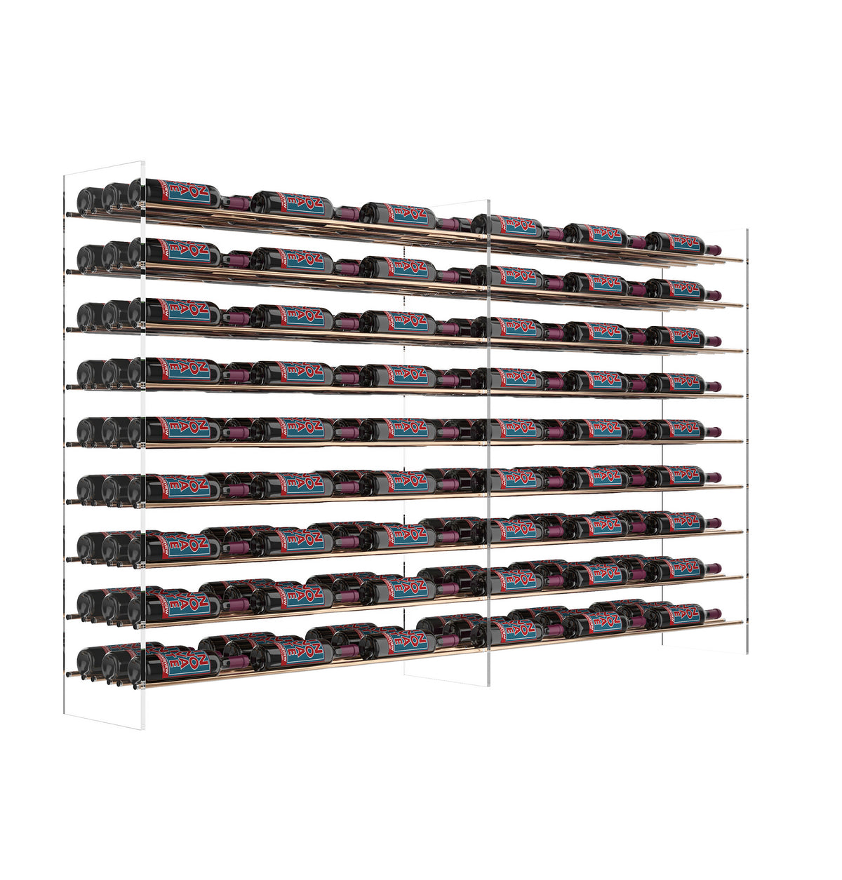 4 ft wine bottle tower rack with black frame and multiple rows of bottles