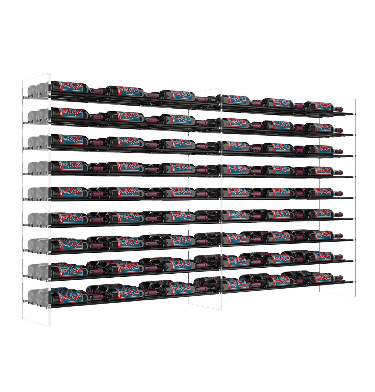 4 ft wine bottle tower rack with matte black frame and stacked rows of wine bottles