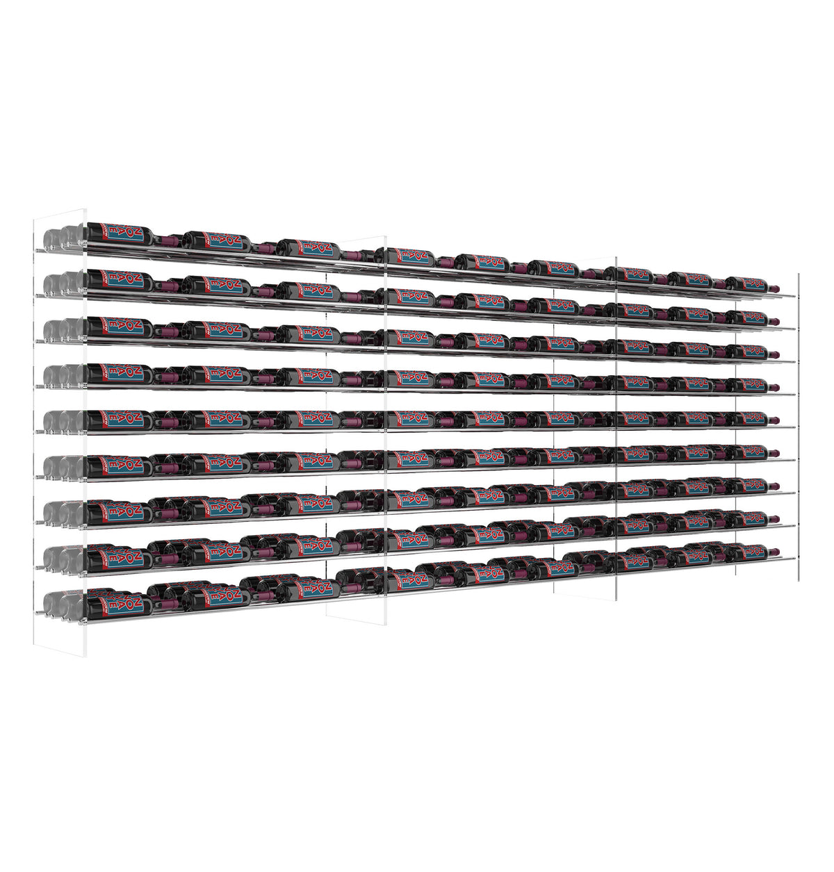 4 ft wine bottle tower rack with chrome frame and multiple rows of wine bottles