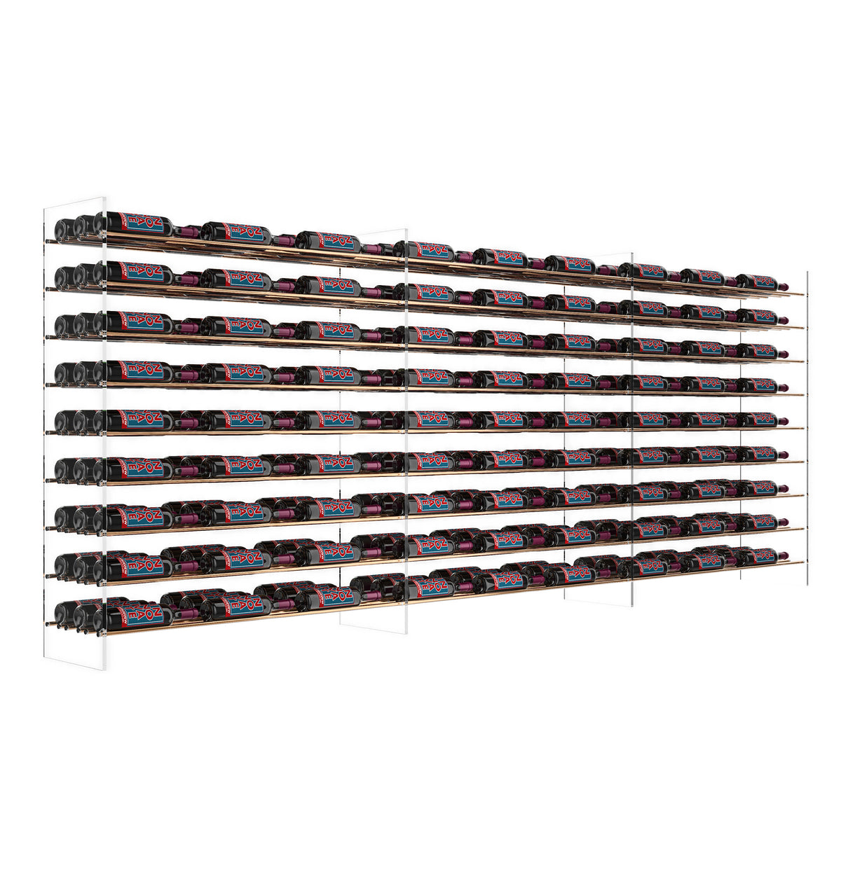 4 ft wine bottle tower rack with golden bronze frame and multiple rows of bottles