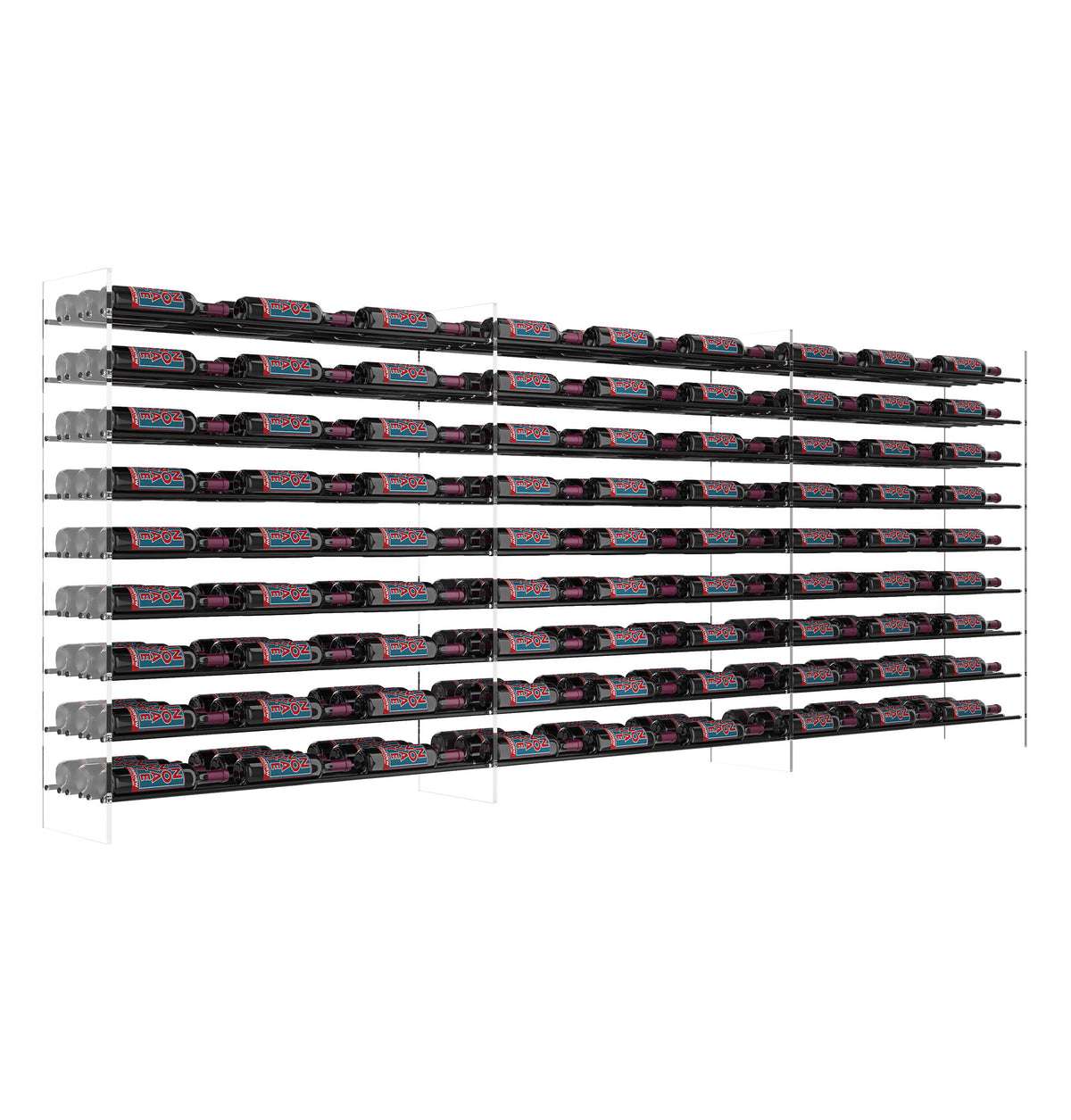 4 ft wine bottle tower rack with chrome frame and stocked horizontal bottle rails