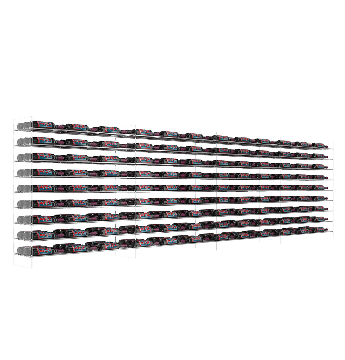 4 ft wine bottle tower rack with chrome frame and multiple rows of bottle slots