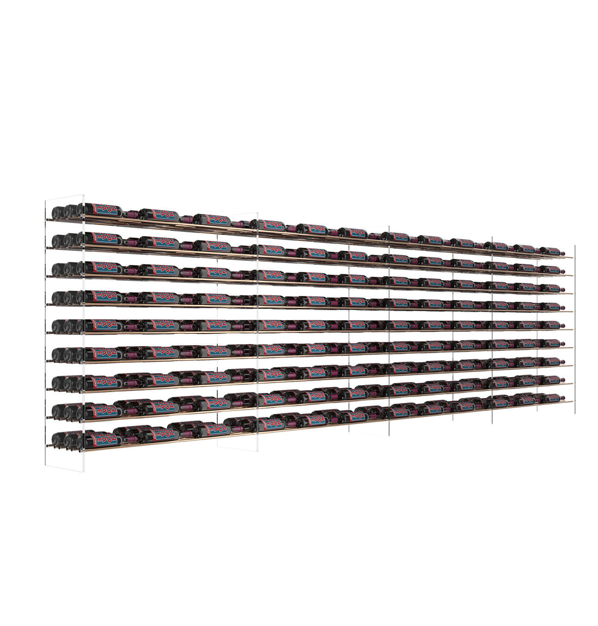 4 ft wine bottle tower rack with black frame and multiple rows of wine bottles