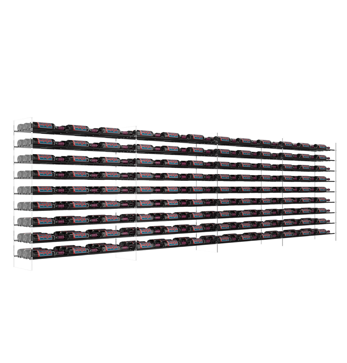 4 ft wine bottle tower rack with chrome frame and neatly arranged bottle rows