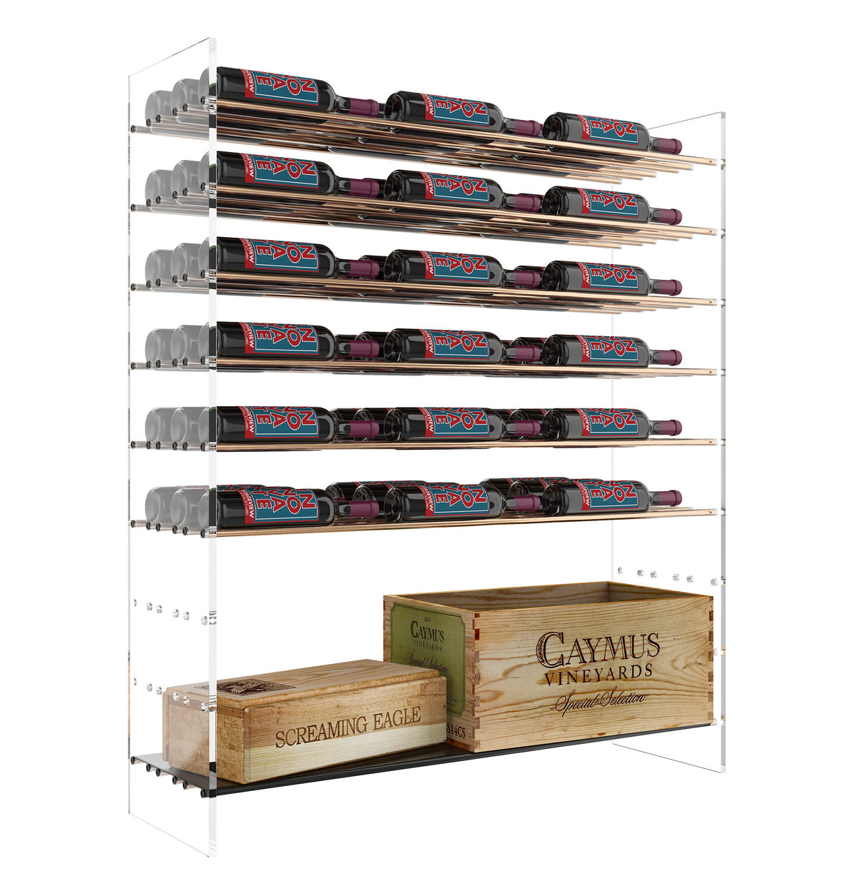 4 ft wine tower rack system with clear frame and bottle slots, wine crates on bottom
