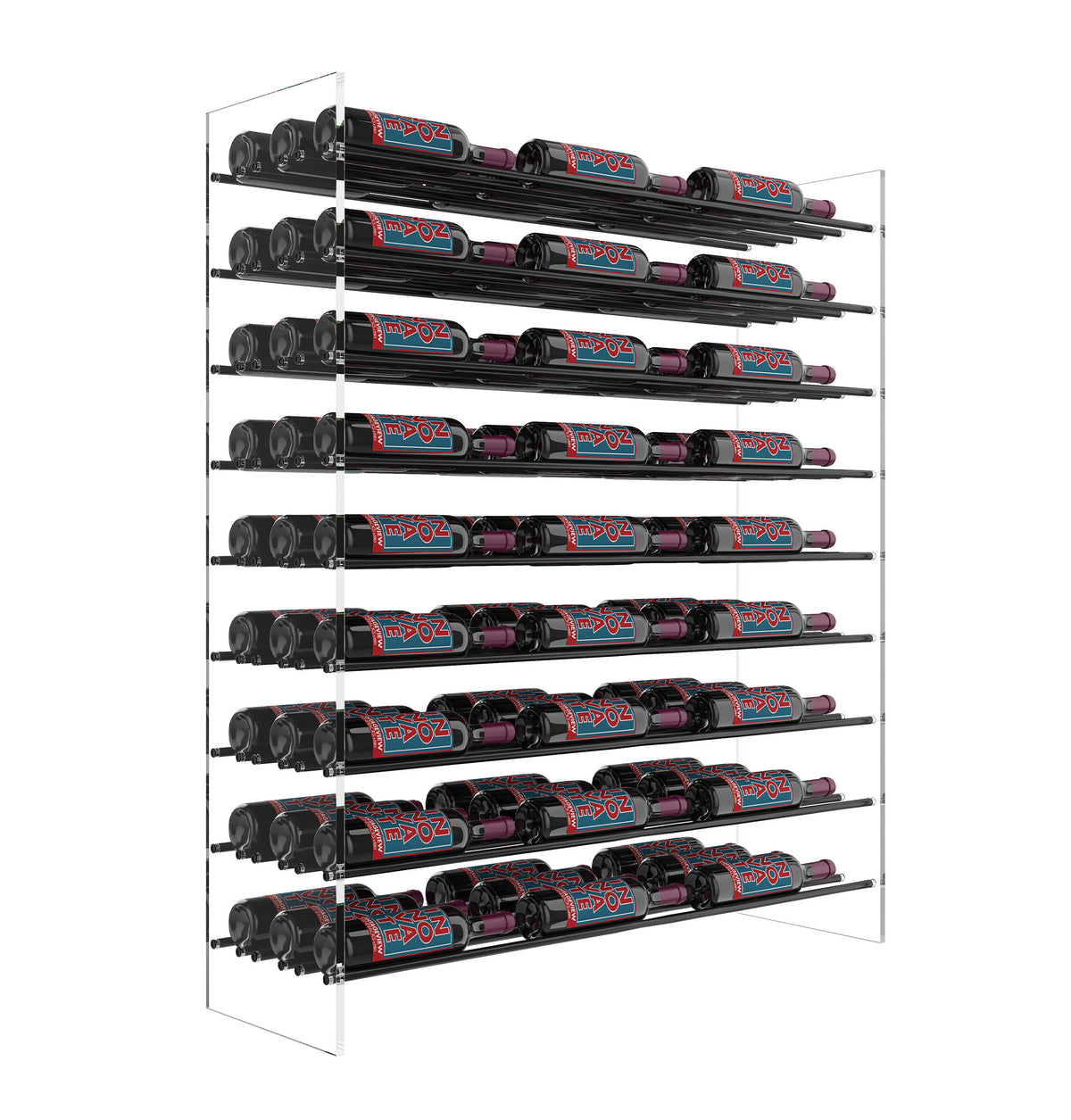 4 ft Evolution Series wine tower with clear side panels and rows of wine bottles