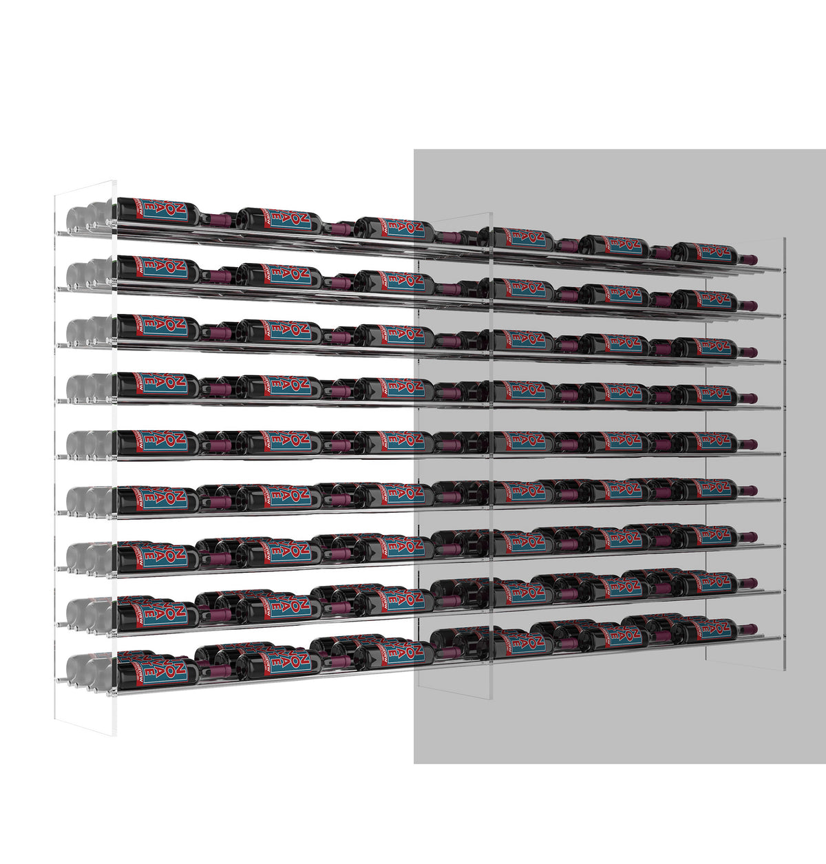 Wine bottle extension rack with dark metal frame, clear rows of black bottle holders