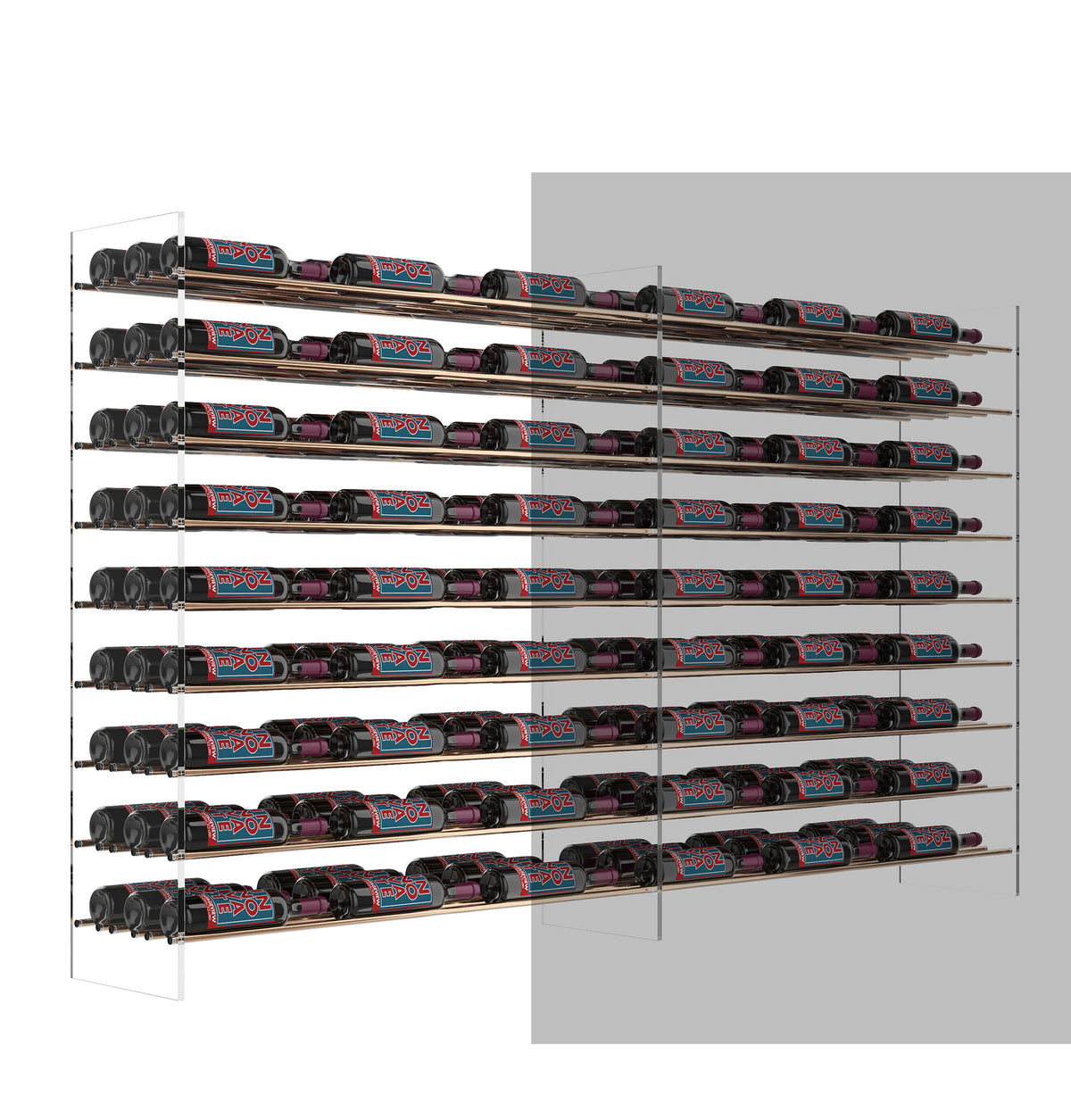 Wine bottle extension rack angled view, dark metal rails holding black bottle sleeves
