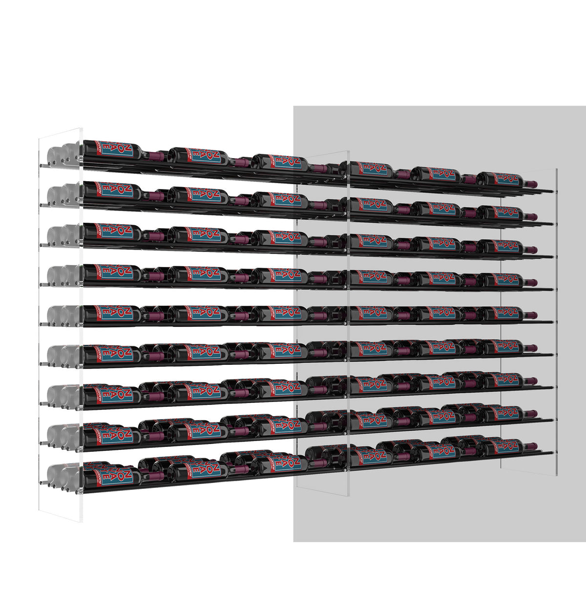 Wine bottle extension rack with multiple horizontal shelves and black bottle holders
