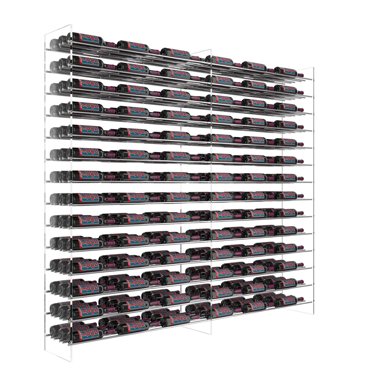 6 ft wine tower rack with black rails holding many dark bottles