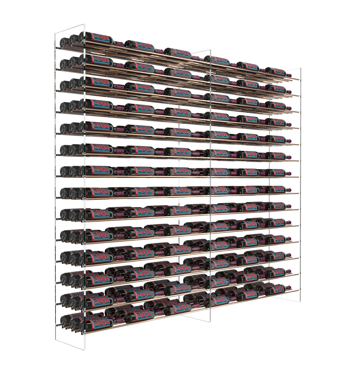 6 ft wine tower display rack with black supports and rows of bottles