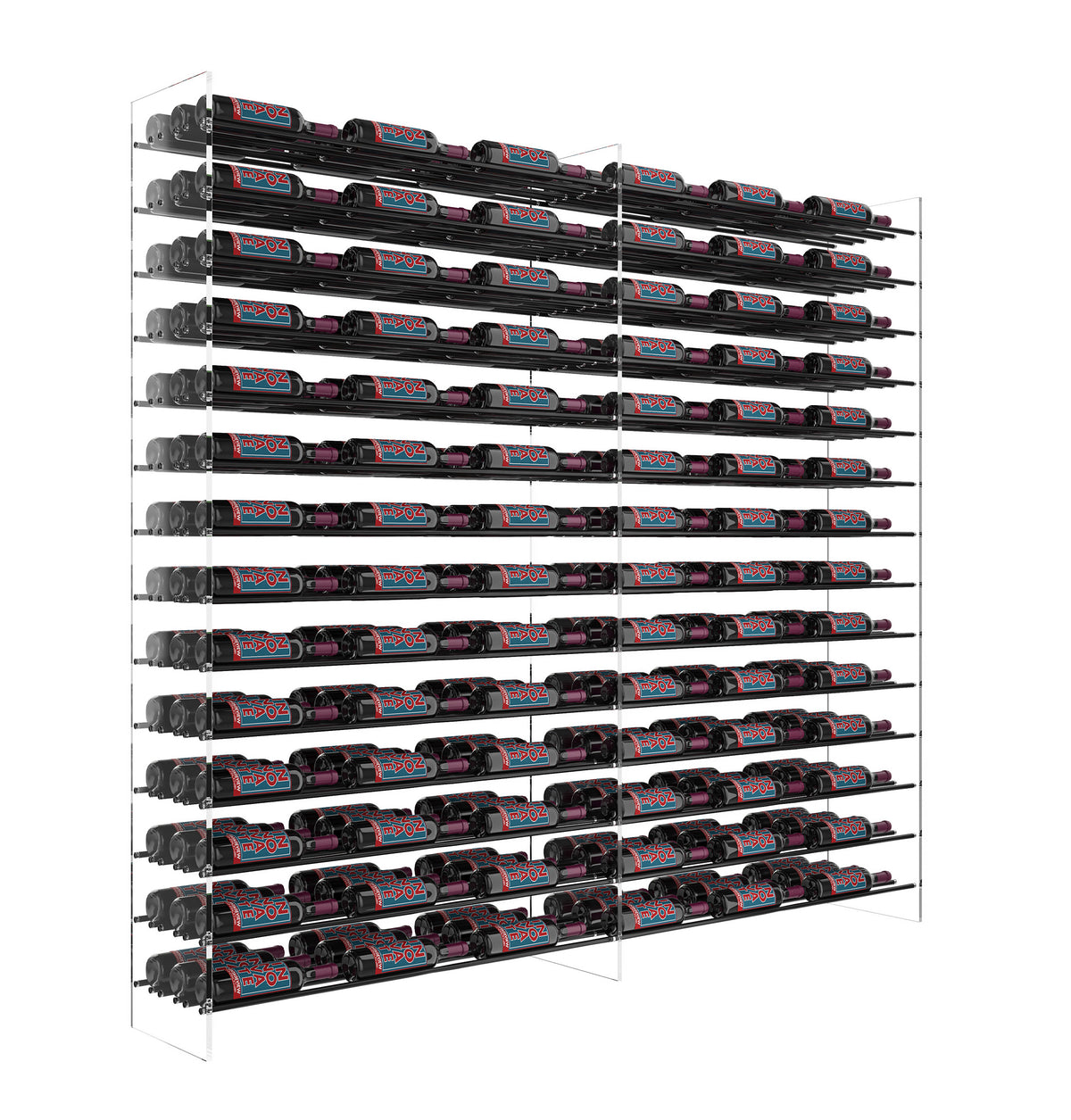 6 ft wine tower wine rack with black frame and multiple bottle rows