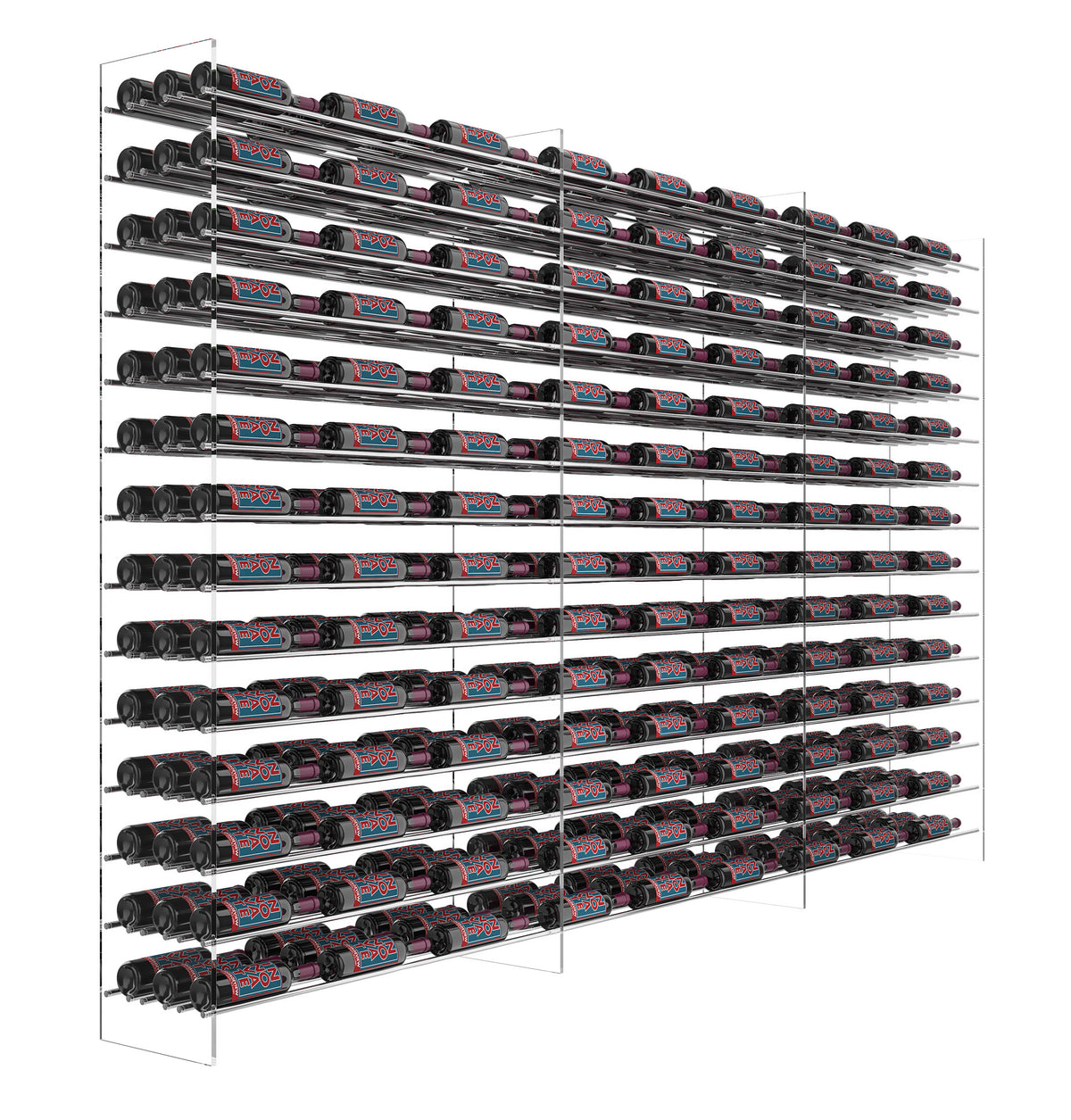 6 ft wine tower rack angled view with black rails and numerous bottles