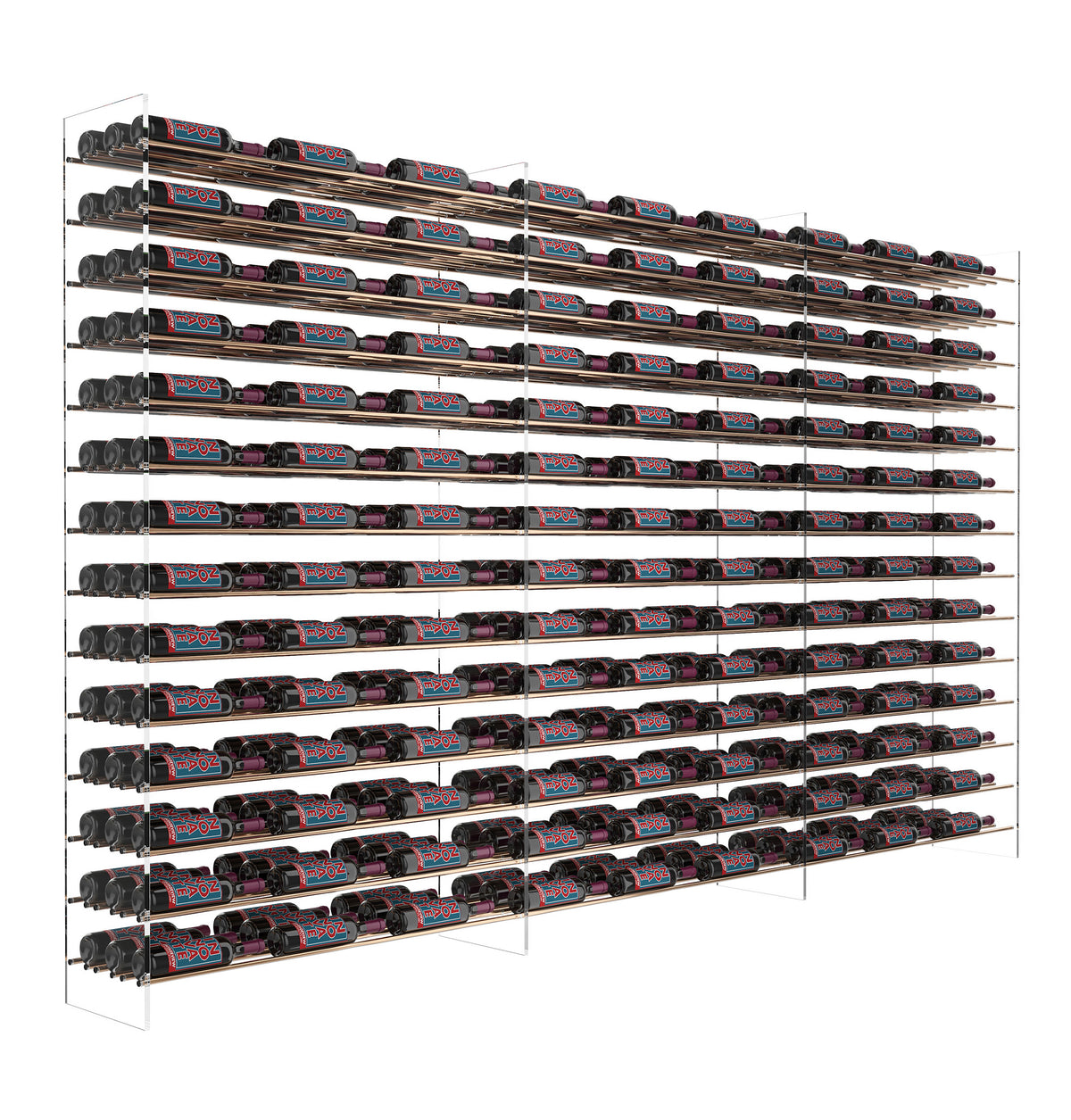 6 ft wine tower display rack with black frame and stacked rows of bottles