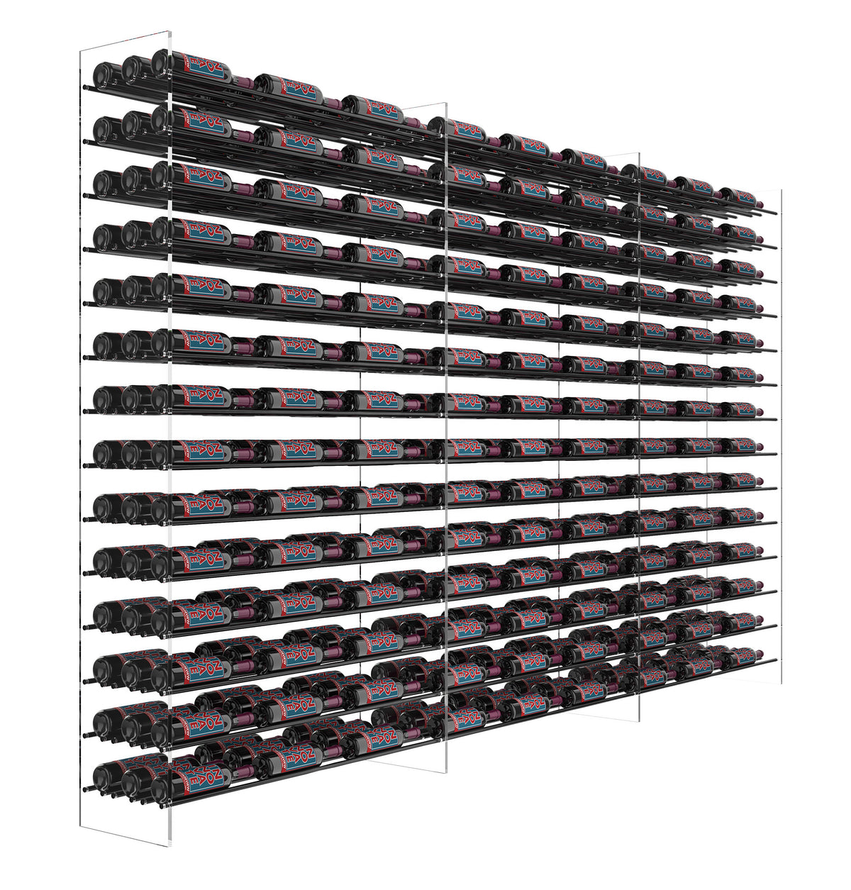 6 ft wine tower rack with black rails and many bottle slots in rows