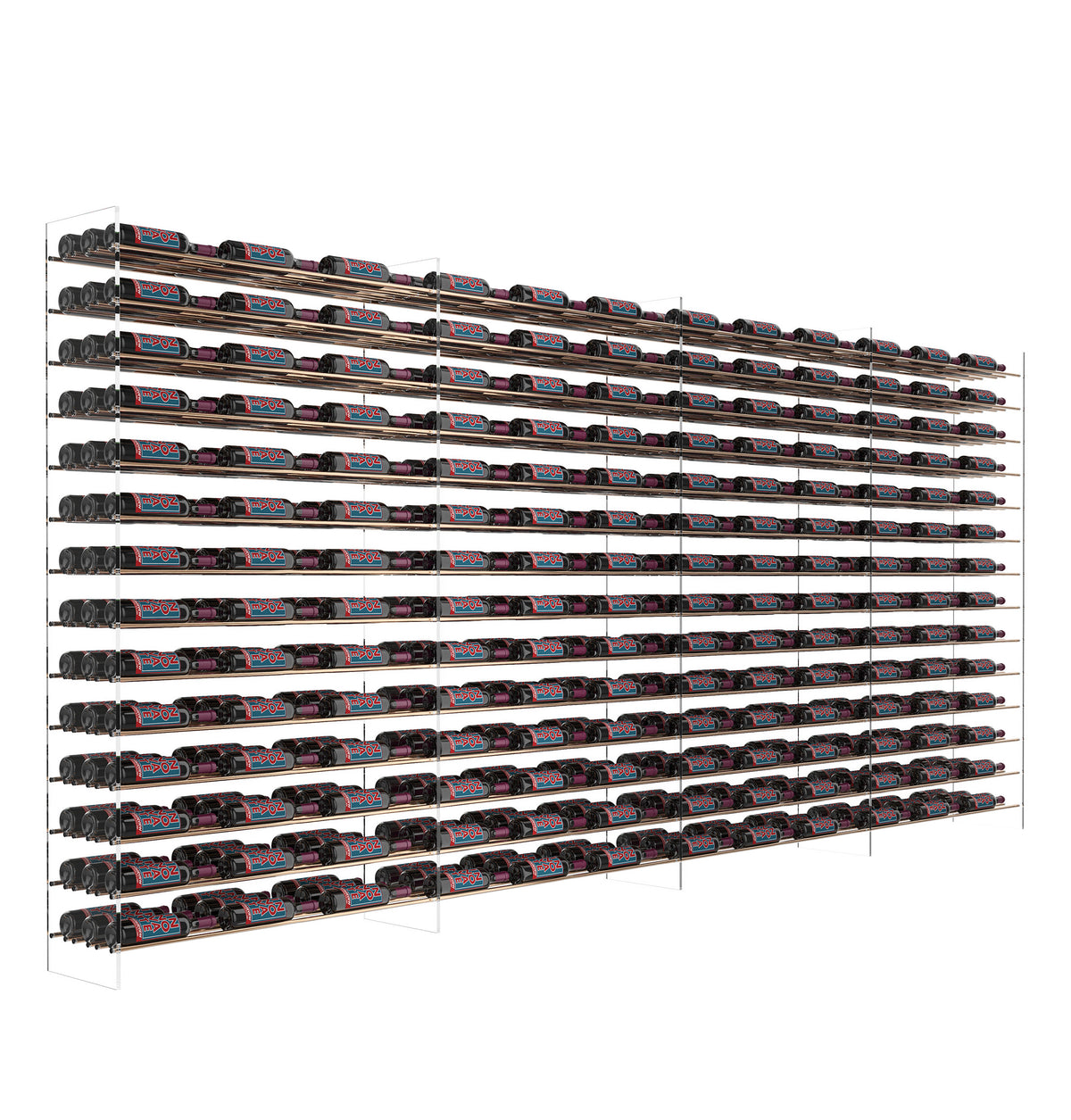 6 ft wine tower display rack with black frame, acrylic sides, and bottle rows