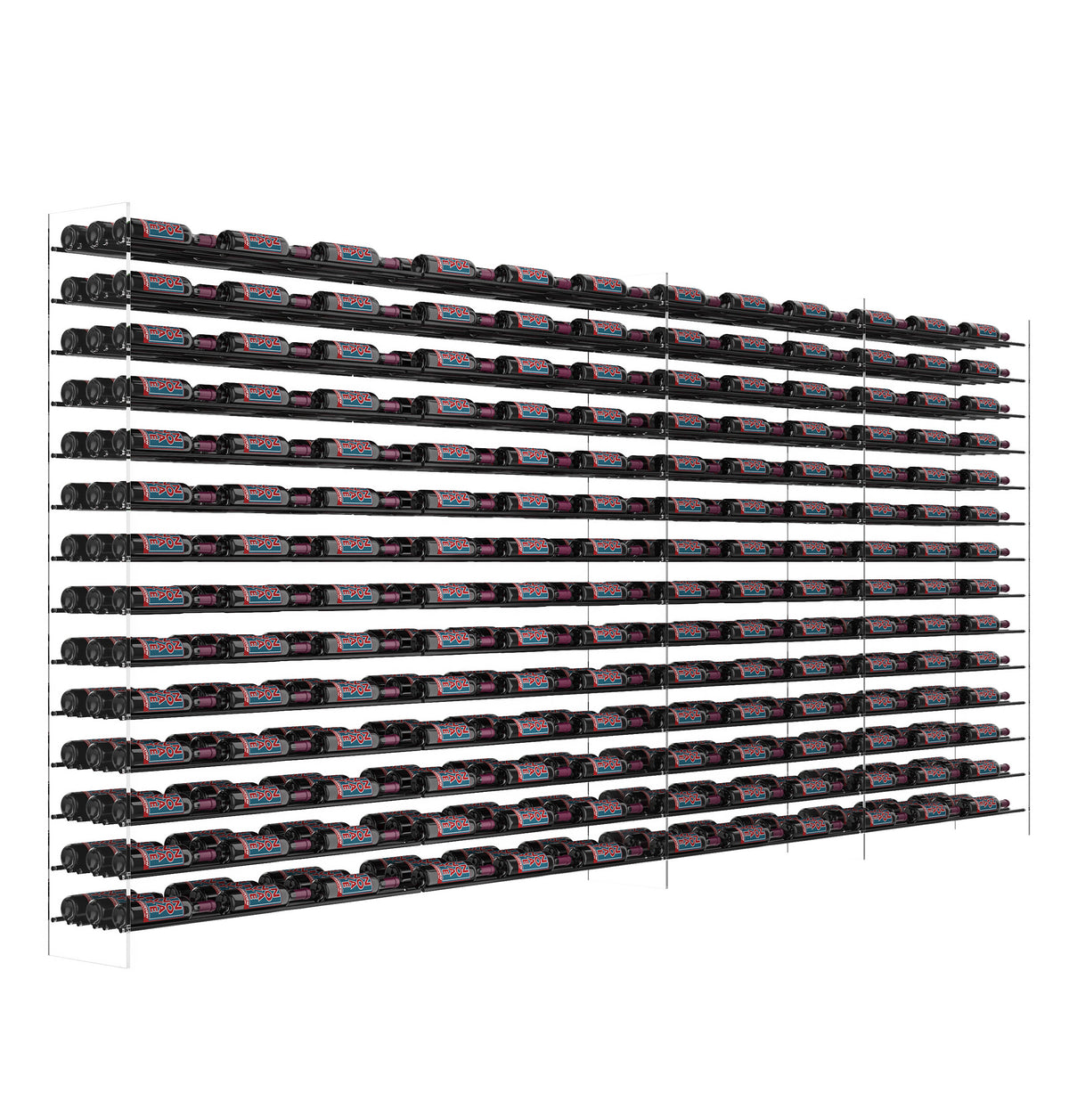6 ft wine tower rack with black rails and tightly spaced bottle rows