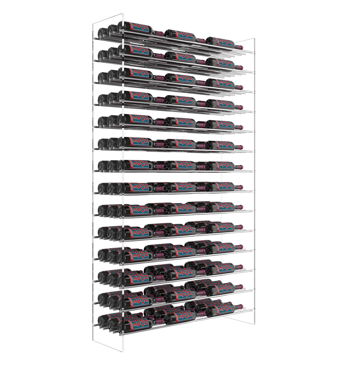 6 ft wine bottle rack tower with matte-black bottle holders and stacked rows of bottles