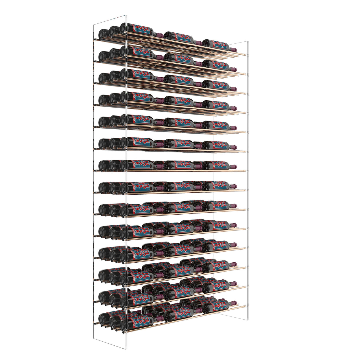 Wine bottle rack tower with matte-black holders, angled side view, stacked bottle rows