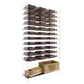 Wine bottle rack tower with white holders and a wooden crate-style base shelf with bottles