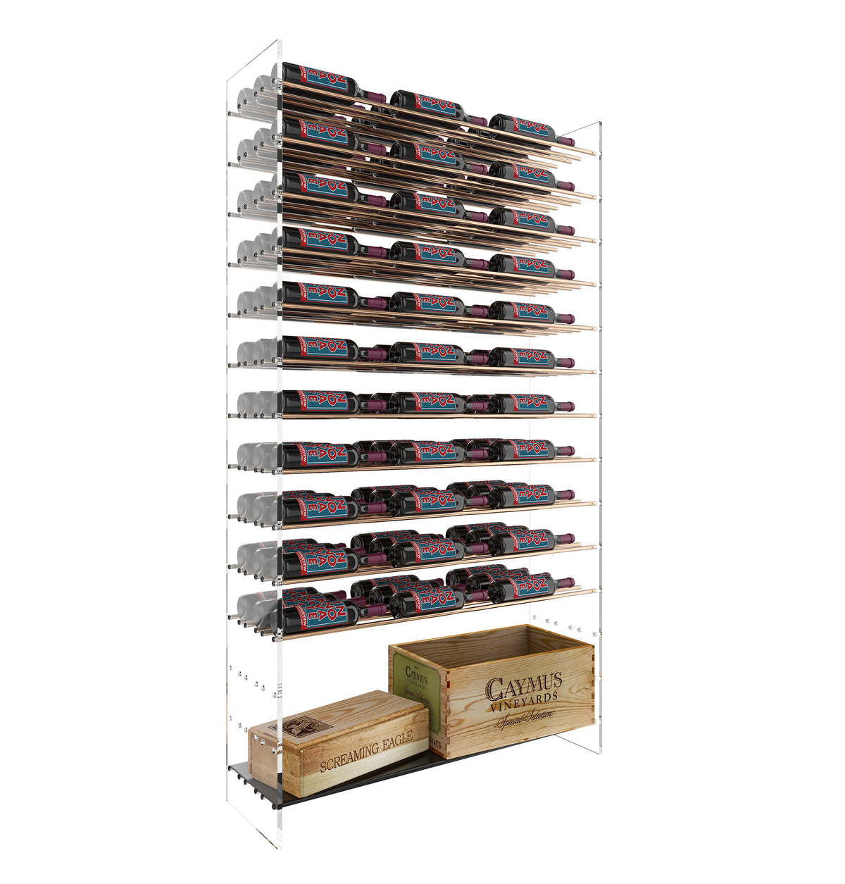 Wine bottle rack tower with white holders and a wooden crate-style base shelf with bottles