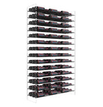 Wine bottle rack tower with matte-black holders, front view, rows of wine bottles