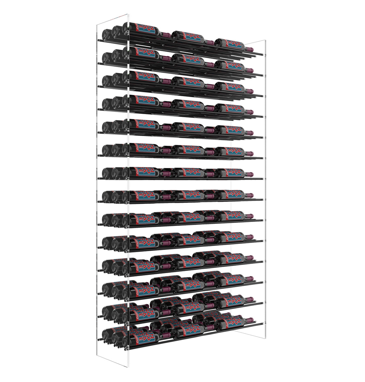 Wine bottle rack tower with matte-black holders, front view, rows of wine bottles