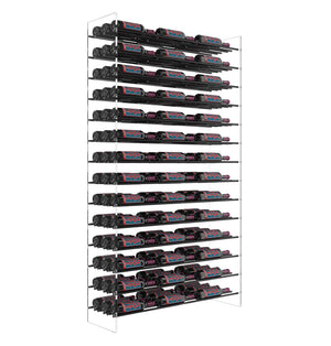 Wine bottle rack tower with matte-black holders, front view, rows of wine bottles