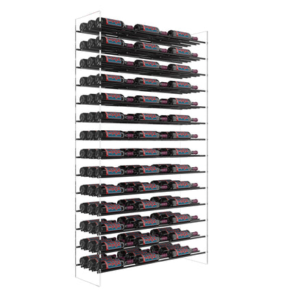 Wine bottle rack tower with matte-black holders, front view, rows of wine bottles