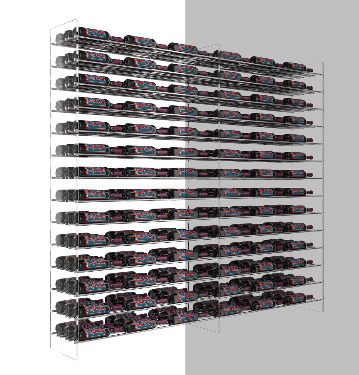 Wine bottle extension rack front view, dark metal structure with many bottle slots