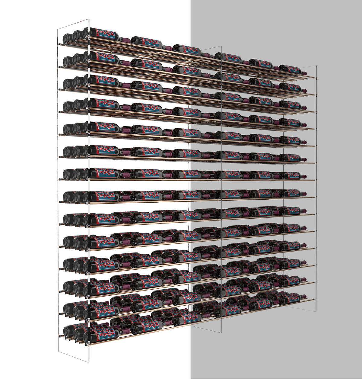 Wine bottle extension rack angled front, dark metal rails with black bottle holders