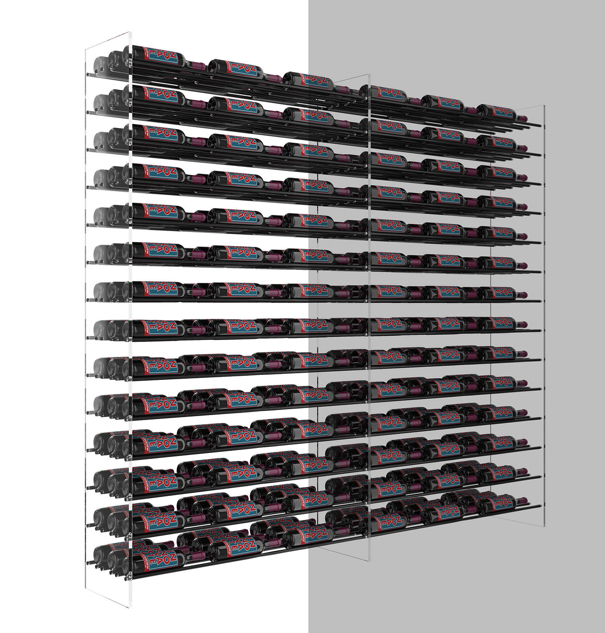 Wine bottle extension rack wider view, dark metal frame and horizontal bottle rails