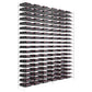 Matte black wine bottle display rack with many horizontal slots and metal frame